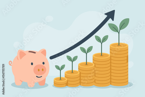 Business finance and saving money investment concept. Piggy bank with growing coin stack graph. Plant sprouting on money symbolizes financial growth, profit, and return on investment.