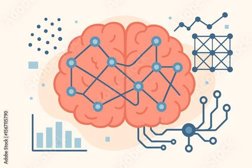 Artificial intelligence concept. Brain with neural network for machine learning. Big data visualization, algorithm processing and data analysis. Modern flat vector technology infographic.