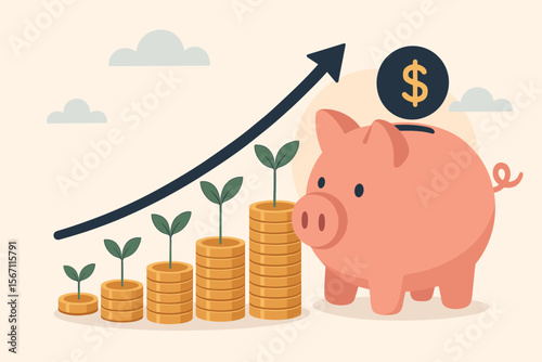 Business finance and saving money investment concept. Piggy bank with a coin stack growing graph. A plant growing on money represents financial success, profit, and wealth accumulation.