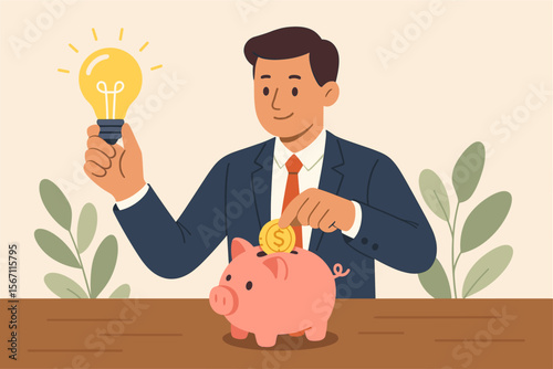 Businessman putting coin in piggy bank holding lightbulb. Concept of saving money for an idea, investment in innovation, startup funding, financial planning, and business growth strategy.