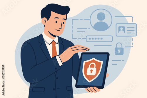 Businessman protecting personal data on a virtual interface. Cybersecurity concept with man holding tablet with security shield. Secure login, password, and user authentication.