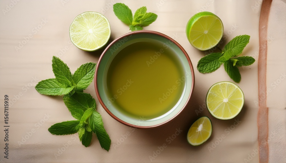 a simple setting featuring a bowl of green tea surrounded by fresh lime slices and mint sprigs a simple setting featuring a bowl of green tea surrounded by fresh lime slices and mint sprigs