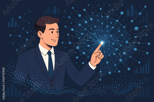 Businessman touching glowing point on a big data network visualization. Man analyzing digital data flow. Concept of business intelligence, technology innovation, and futuristic strategy.