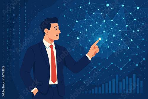 Businessman touching a glowing point on a futuristic digital data network. Big data analysis and visualization. Business intelligence, information exchange, and modern technology innovation.