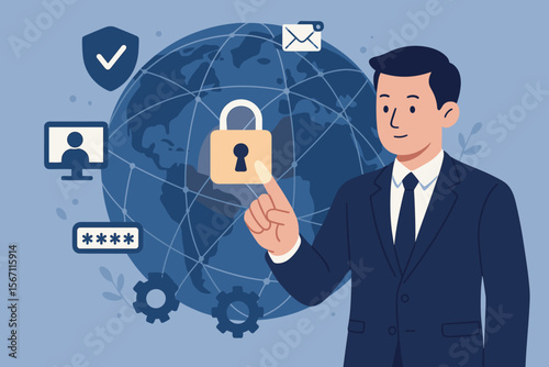 Cyber security and data protection concept. Businessman touching virtual interface with padlock for global network security. Information safety, privacy, and encryption technology.