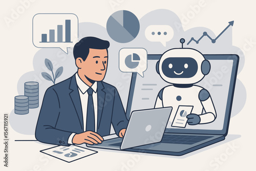 Businessman using AI chatbot for financial analysis. Man and robot assistant on laptop screen analyzing stock market data. Investment and trading concept with charts and graphs.