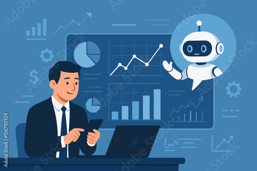 AI financial assistant. Businessman uses digital chatbot online. Robot assistant for data analysis, stock trading and investment. Fintech technology. Flat vector cartoon character.