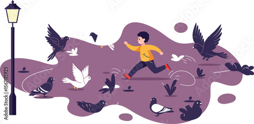 Child running among flying and perched pigeons next to street lamp in abstract purple background digital art 