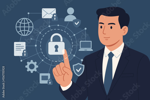 Cyber security and data protection concept. Businessman touching a virtual screen with a padlock icon for global network security, information safety, and data encryption privacy.