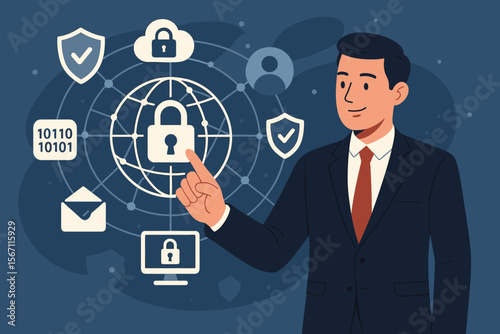 Data protection and cyber security concept. Businessman touching global network security icon on a virtual screen. Information safety, privacy, and encryption technology vector.