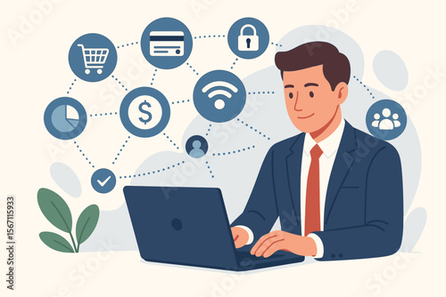 Businessman using laptop for online banking and e-commerce. Digital marketing and finance technology concept. Secure payment, customer network connection, data analysis illustration.