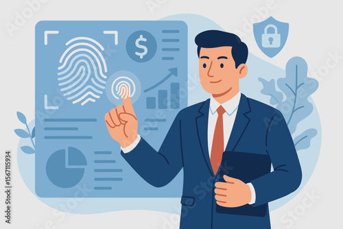 Biometric security and fingerprint identification concept. Businessman accessing personal financial data on a futuristic interface. E-KYC, fintech, and cyber security technology vector.