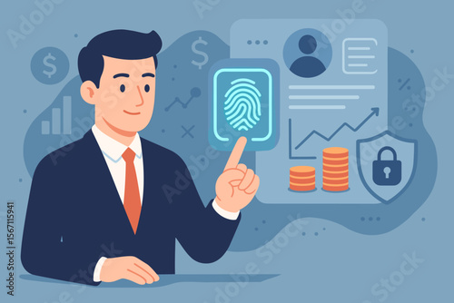 Businessman using fingerprint identification to access financial data. Concept for biometrics security, fintech, e-KYC, digital identity verification, and cybersecurity innovation.