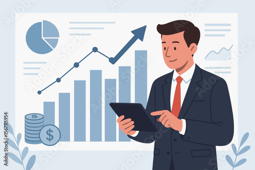 Businessman analyzing economic growth graph using a tablet. Financial and investment concept for business success, showing stock market statistics, company profit, and asset growth.