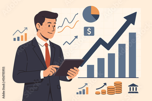 Businessman using tablet for financial analysis of economic growth. Investment concept with stock market charts, business statistics, asset management, profit report, and financial data.
