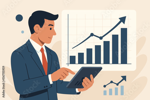 Businessman analyzing sales data on tablet. Financial analyst or manager reviewing economic growth graph. Business success, marketing report, and investment concept. Flat vector illustration.