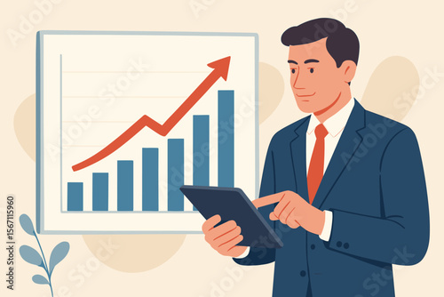 Businessman analyzing sales data on a tablet. Financial manager reviews economic growth on a graph and chart. Concept of successful investment strategy and market report. Vector.