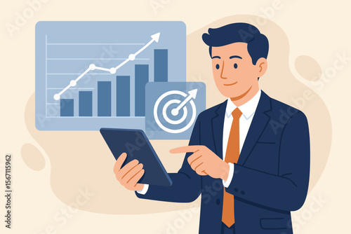 Businessman using tablet analyzing financial growth graph, online sales profit, data analytics, virtual dashboard, target achievement, smart business technology, digital marketing strategy