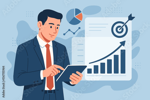 Businessman using a tablet for online analysis of financial data and sales profit. Manager reviewing growth graph and target chart on a virtual interface. Smart business technology concept.