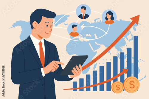 Businessman using tablet for global business strategy. Financial analysis with growth graph and world map. Concept of marketing, investment, sales data and economic development.