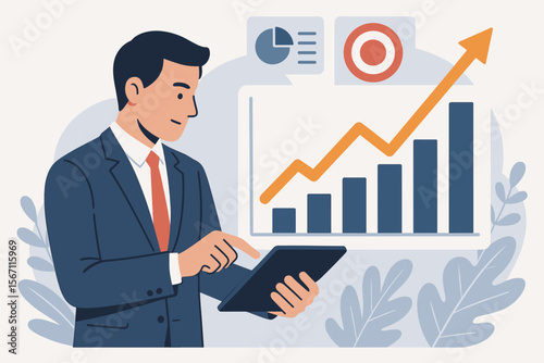 Businessman using tablet to analyze growth graph, financial data, and sales profit on virtual interface. Intelligent technology for smart business development and market strategy.