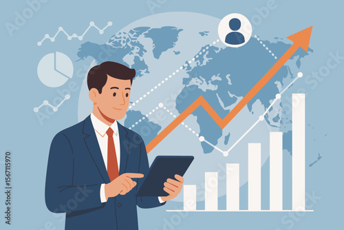 Businessman with tablet analyzing financial data for global business. Investment strategy, economic growth graph, marketing report. Stock market trading and sales analytics concept.