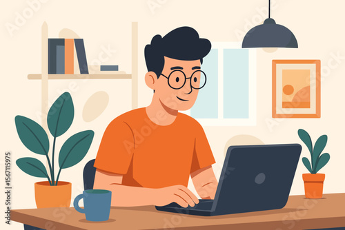 Modern businessman working remotely on laptop in cozy home office, digital workspace concept, freelance professional, productivity, technology, work from home, contemporary interior, plants
