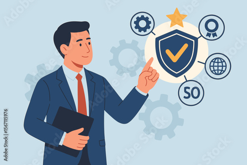 Businessman in suit presenting quality assurance, ISO certification, guarantee, standards, top service, quality management, standardization, compliance, award, global business concept illustration