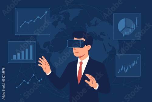 Businessman in suit interacting with virtual reality interface, analyzing financial data charts, stock market graphs, global network, VR technology, metaverse business visualization concept