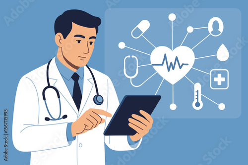 Cardiologist doctor with stethoscope using tablet to analyze patient health data, digital healthcare technology, medical diagnostics, virtual screen interface, telemedicine, networked medical icons