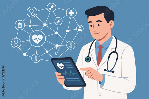Cardiologist doctor with stethoscope using tablet to analyze patient health data, digital medical icons network, healthcare technology, electronic records, telemedicine, modern virtual interface