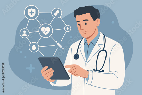 Cardiologist doctor with stethoscope using tablet to analyze patient health data, digital medical icons, virtual healthcare technology network, telemedicine, online diagnosis, modern medicine