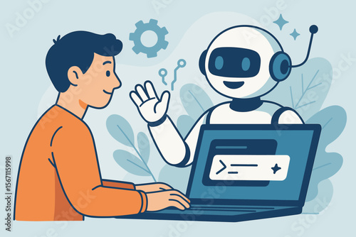 Friendly chatbot artificial intelligence assistant interacting with user on laptop, smart robot technology, command prompt interface, customer support, futuristic AI communication concept illustration