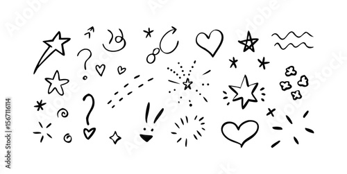 Hand drawn doodle elements vector illustration stars hearts swirls and shapes