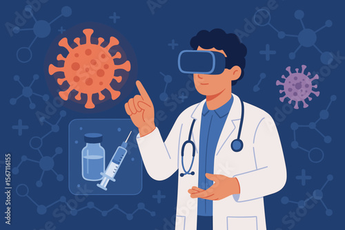 Doctor researching Covid-19 coronavirus, developing new vaccine, virus mutation prevention, experimental medicine innovation, syringe and vial, futuristic medical technology, healthcare concept