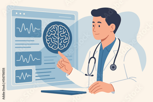 Neurologist Analyzing Brain Scan Results on Digital Interface. Medical Technology Innovation. Doctor Reviewing EEG Data. Neuroscience, Healthcare, Diagnosis, Modern Science Concept Vector Illustration