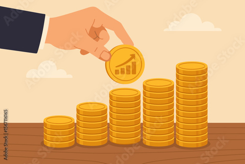 Investment growth concept. Business hand stacking gold coins in ascending columns. Financial success, profit increase, savings, wealth management, economic progress. Modern flat vector illustration.