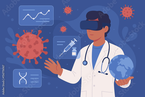 Doctor using virtual reality for Covid-19 coronavirus research, experimental medicine, vaccine development, virus mutation analysis, futuristic healthcare innovation, global pandemic technology