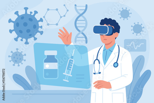 Doctor using virtual reality for coronavirus research, experimental medicine, vaccine development, virus mutation analysis, futuristic healthcare innovation, medical technology, pandemic response