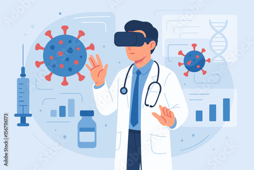 Doctor using virtual reality technology for Covid-19 coronavirus research, experimental medicine, virus mutation analysis, vaccine development, futuristic medical innovation, healthcare science