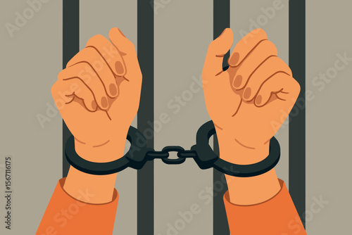 Prisoner hands in handcuffs behind jail bars. Arrest and imprisonment concept. Incarceration, detention, justice system, law enforcement, crime, punishment, legal penalty, prison cell illustration.