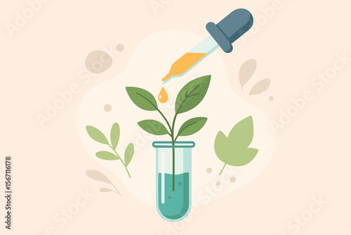 Biotechnology research concept with dropper adding liquid to herbal plant in test tube. Natural plant extract, organic chemistry, laboratory experiment. Modern flat vector illustration for science.
