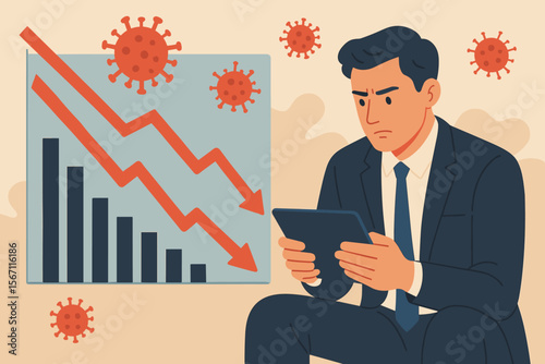 Businessman Analyzing Economic Crisis on Tablet, Financial Market Downturn, Global Recession, Bar Graph Decline, Coronavirus Pandemic Impact, Business Loss, Economic Downturn, Crisis Concept