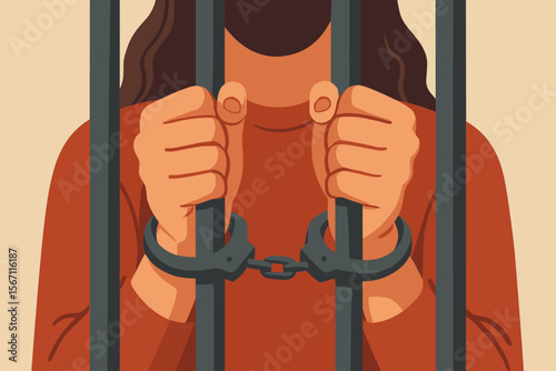 Prisoner Behind Bars in Handcuffs. Incarceration Concept. Arrested Person in Jail Cell. Crime, Justice, Detention, Punishment, Law Enforcement, Human Rights, Imprisonment, Prison System Illustration
