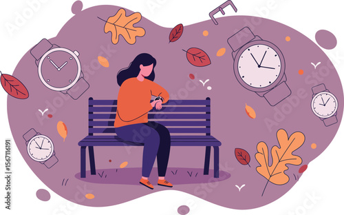 Woman Sitting on Bench Checking Watch Amid Falling Autumn Leaves and Floating Clocks Symbolizing Time Passage 