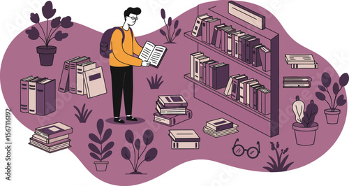Person Reading Book in Library Surrounded by Bookshelves and Indoor Plants in Purple Tones 
