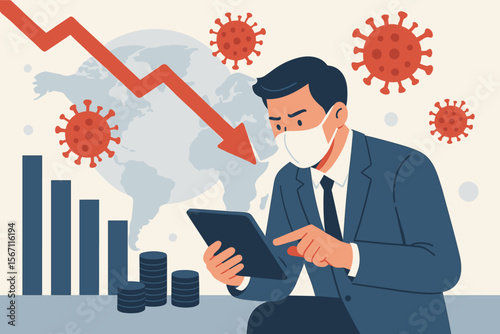 Global Economic Crisis Impact, Businessman Analyzing Financial Market Downturn, Coronavirus Pandemic Outbreak, Recession, Stock Decline, Business Challenges, Digital Tablet, World Economy