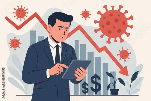 Businessman Analyzing Economic Crisis on Tablet, COVID-19 Impact on Global Market, Financial Downturn, Recession, Falling Graph, Virus Outbreak, Business Finance Loss, Economic Decline
