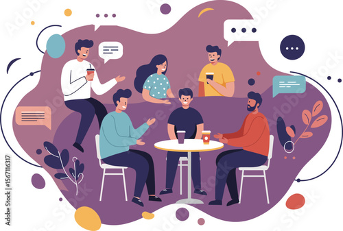 Group of diverse people enjoying social gathering and conversation in casual setting with speech bubbles