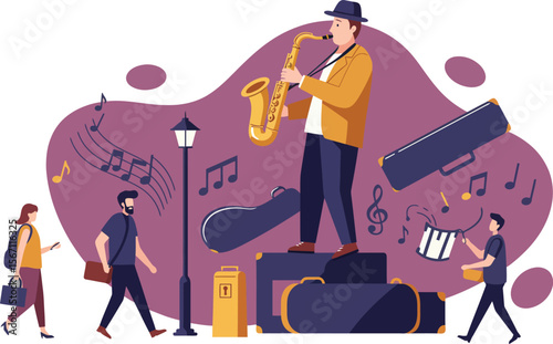 Saxophone player performing urban street music with pedestrians and musical notes illustration 